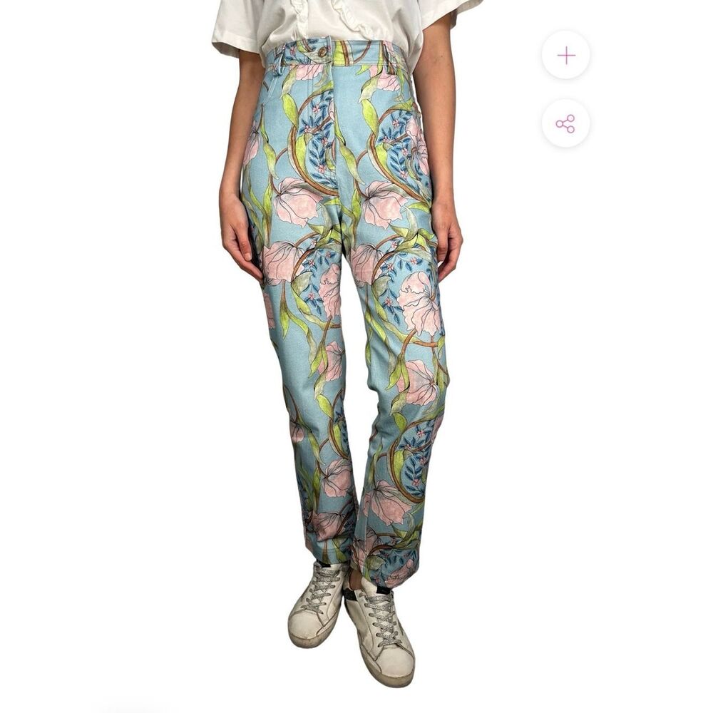 Isla & White Floral Botanical High Rise Pants Pastel Blue Medium
